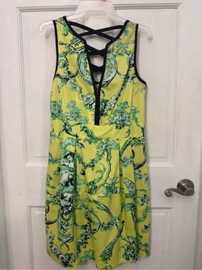 Nanette Lepore Sleeveless Yellow & Green Floral Dress with Crisscross Back